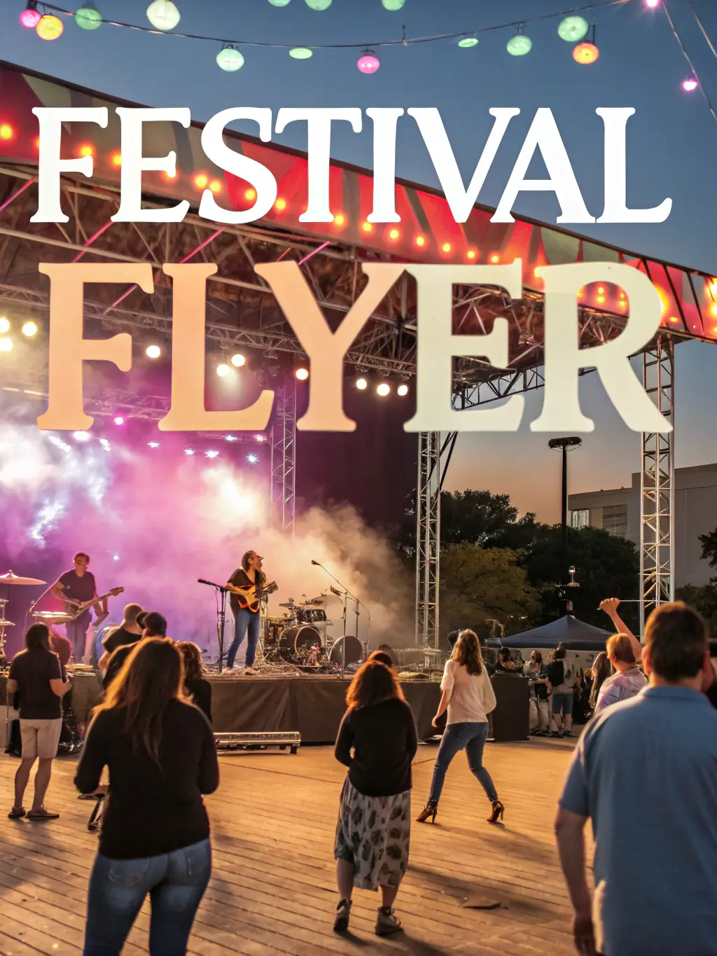 A vibrant flyer design showcasing an upcoming music festival, featuring bold typography, dynamic imagery, and clear event details, set against an urban backdrop.